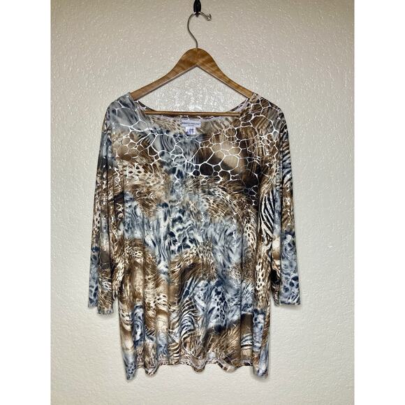 Rebecca Malone Top Women Plus Size 2X Animal Print Metallic 3/4 Sleeve - Picture 1 of 7